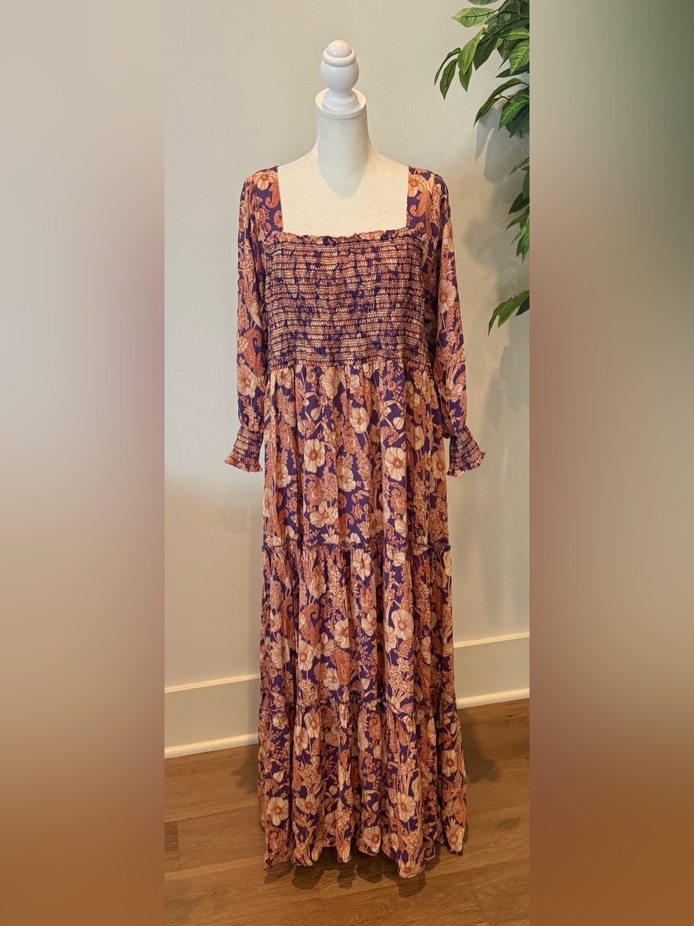 ARULA Purple Smocked Long Sleeve Tiered Maxi Dress with Peaches & Cream Florals